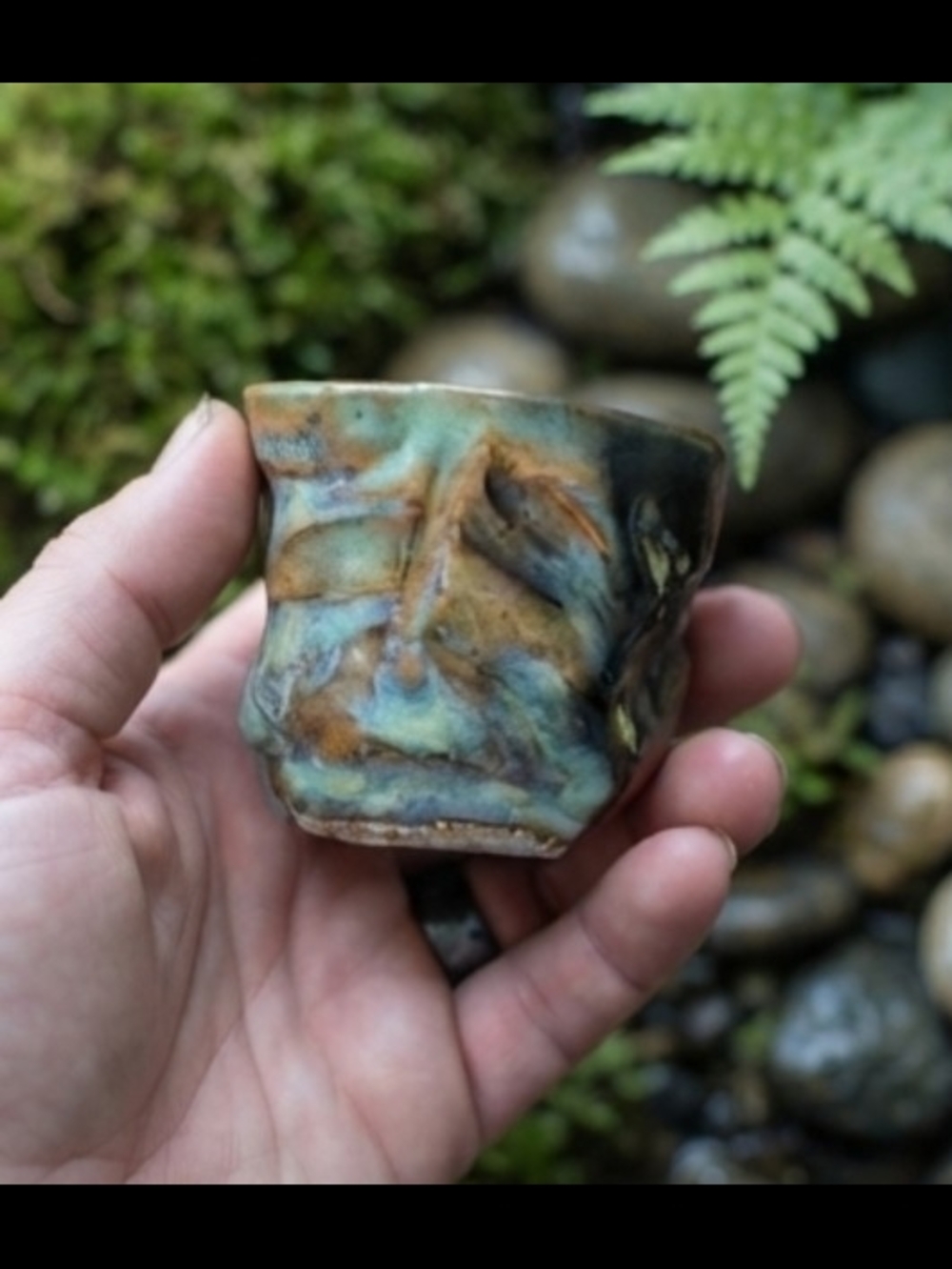 Handmade Studio Pottery Faceted Pinch Pot Teal Rust Reactive Glaze Cup